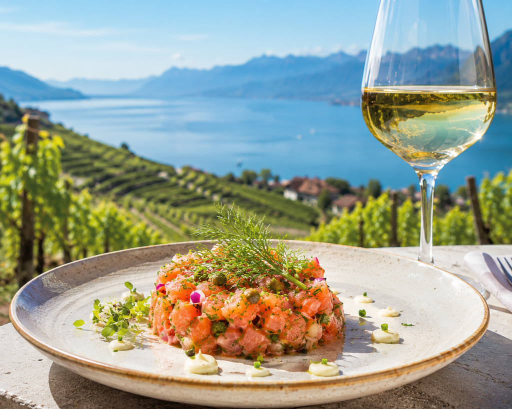 Tartare de truite et verre de vin blanc de Lavaux