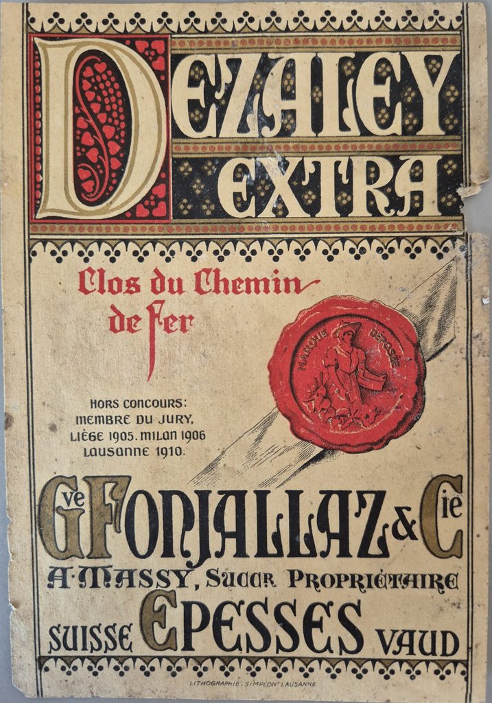 Ancienne étiquette du Dézaley Chemin de Fer, légèrement déchirée